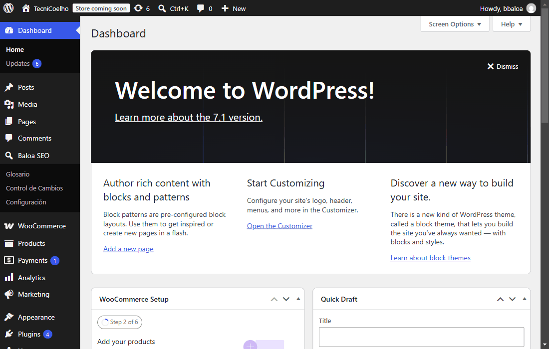 Ubicación de Baloa en el menú de administración de WordPress
