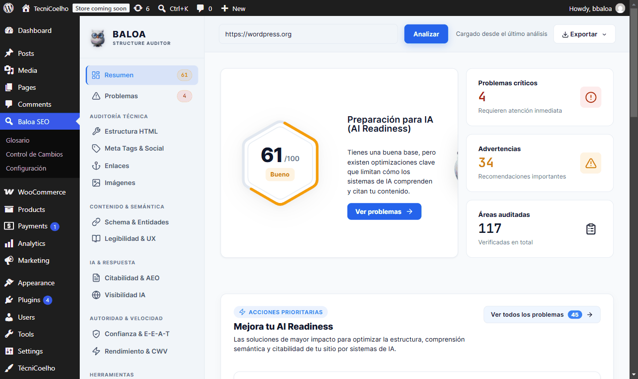 Panel superior para ingresar la URL a analizar