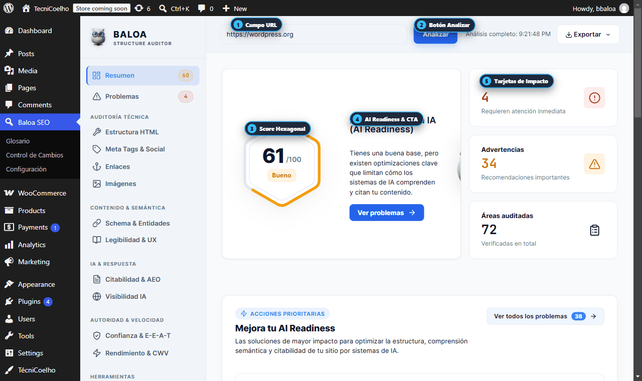 Vista anotada del Hero principal del Dashboard con llamadas de referencia