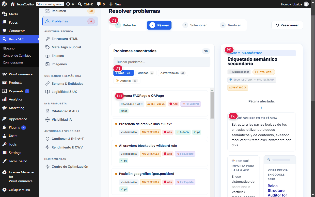 Workspace anotado de Resolver problemas con lista y panel de diagnóstico