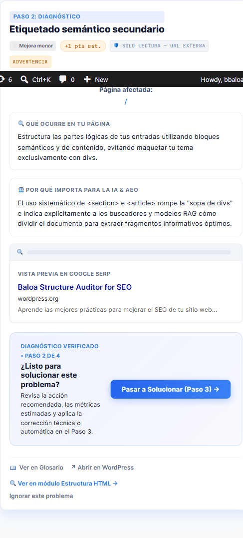 Ficha de diagnóstico de un problema con medidor visual y bloques de explicación