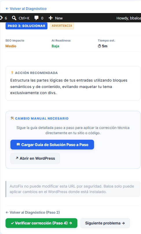 Panel de ejecución de Auto-Fix en el Paso 3