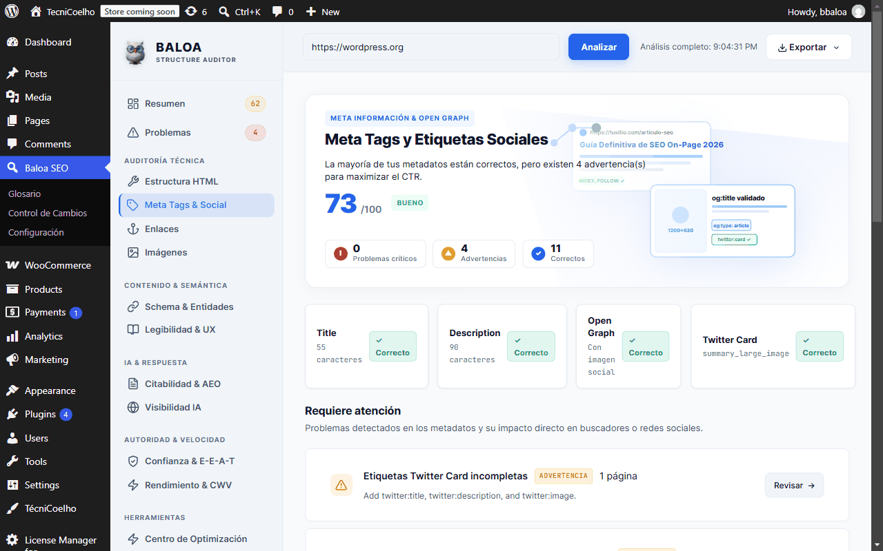Pantalla completa del módulo de Meta Tags & Social