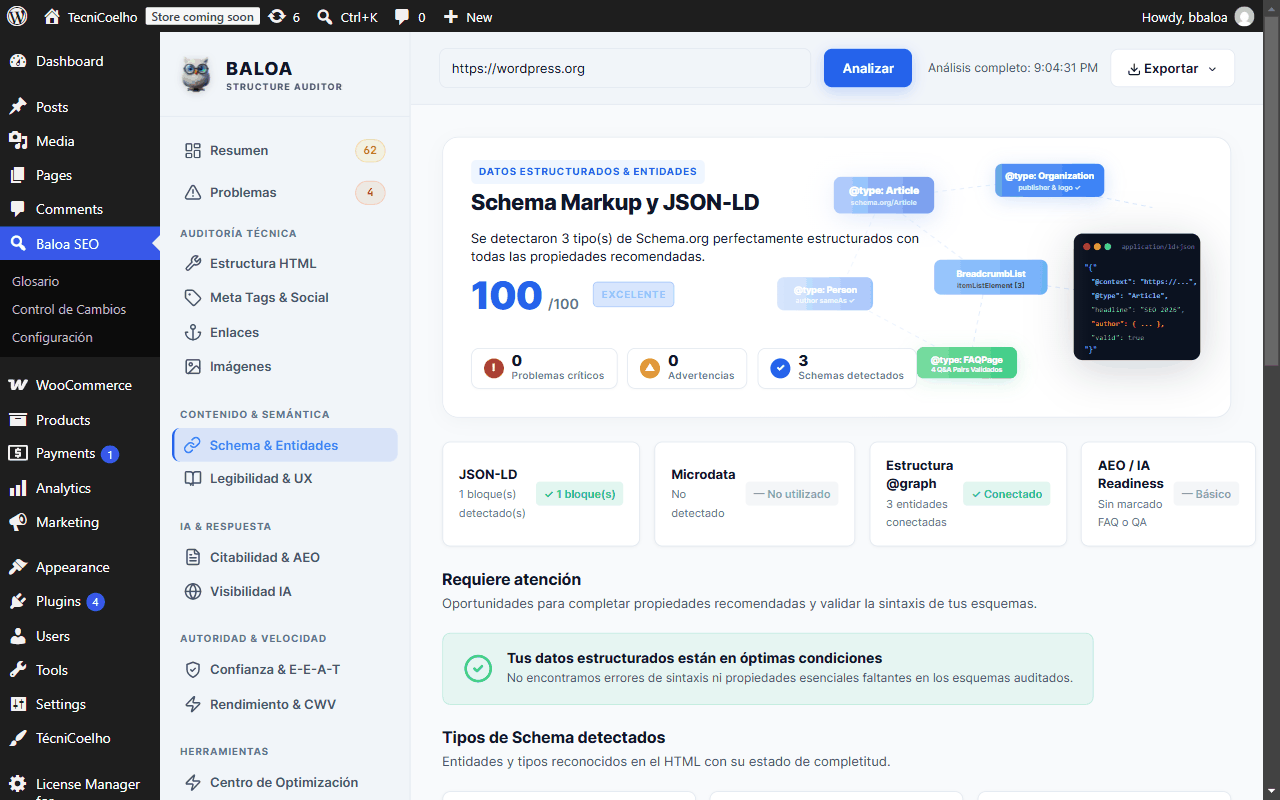 Pantalla completa del módulo de Schema & Entidades