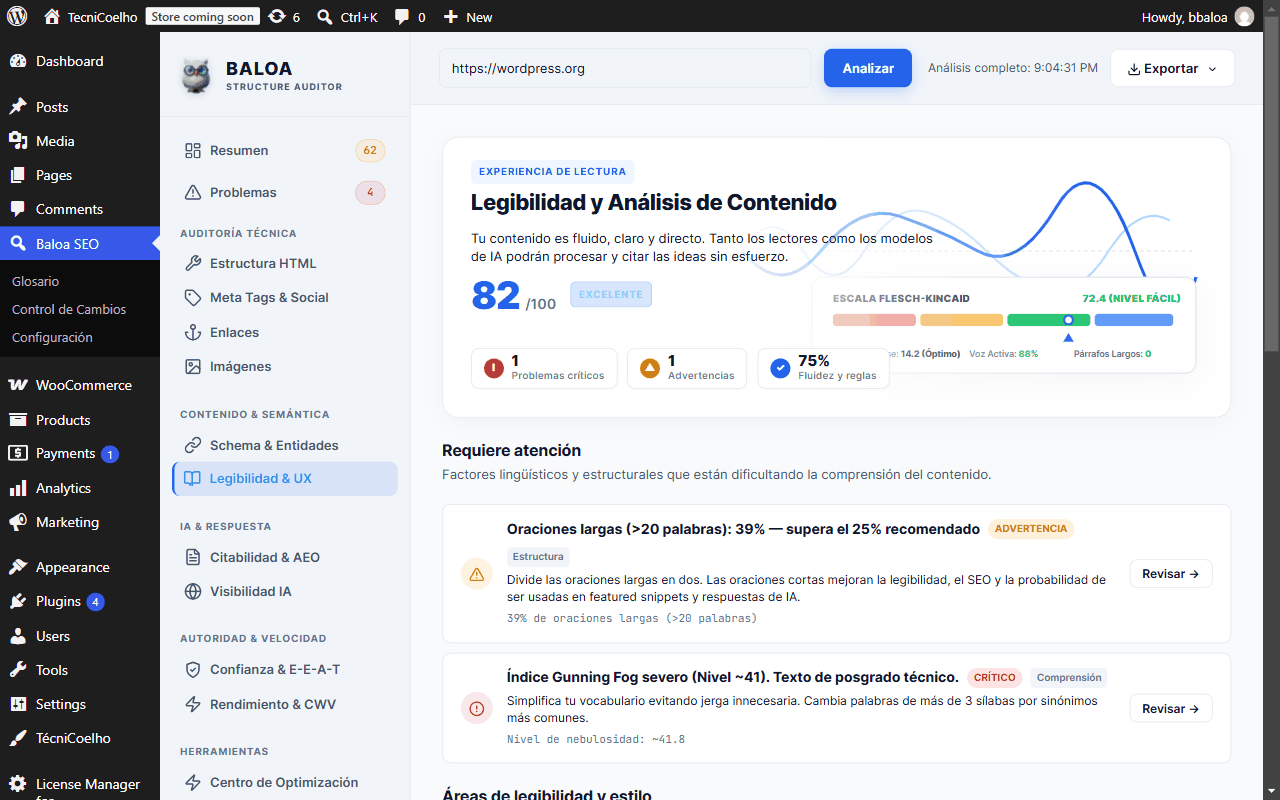 Pantalla completa del módulo de Legibilidad & UX
