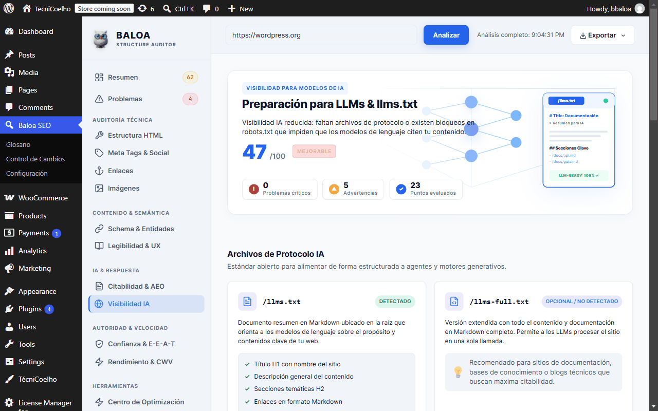 Pantalla completa del módulo de Visibilidad IA y LLMs.txt