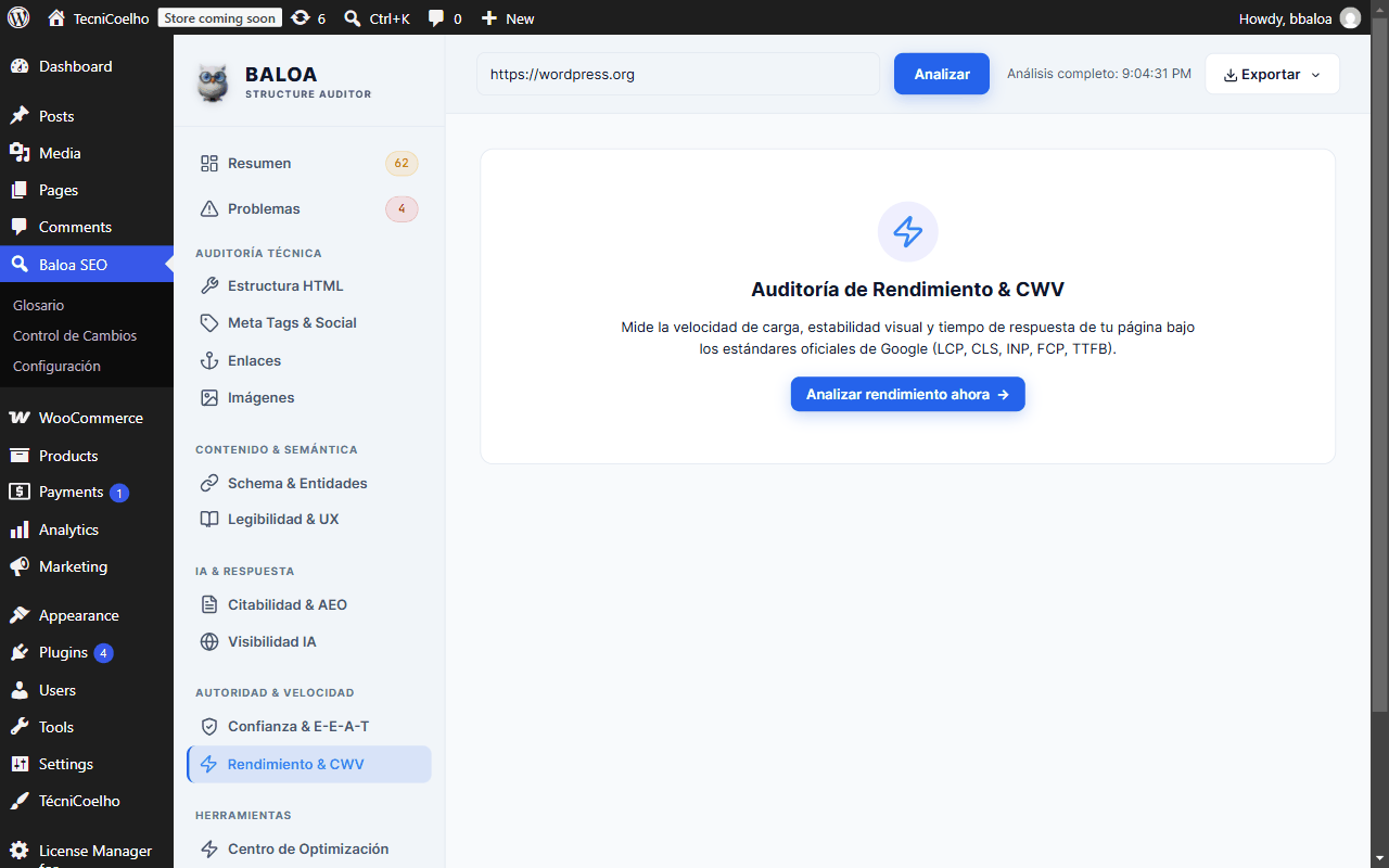 Pantalla completa del módulo de Rendimiento y Core Web Vitals