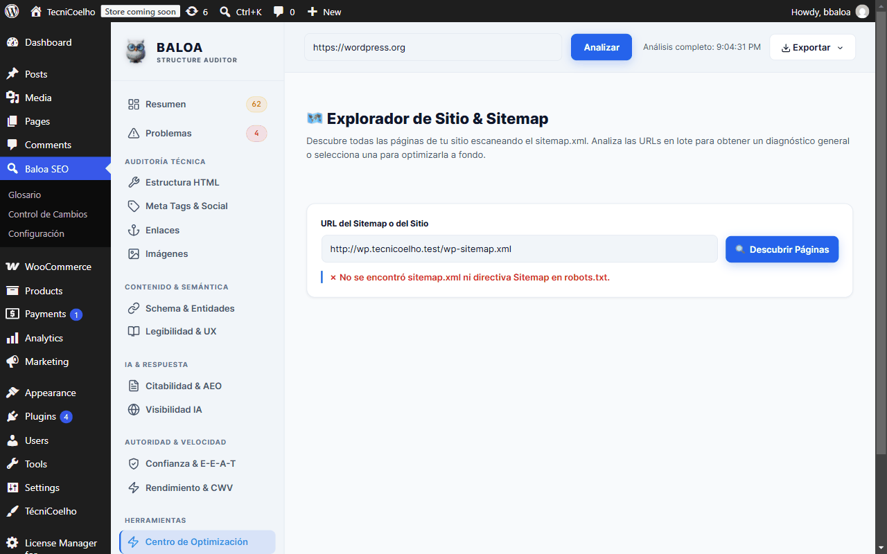 Pantalla del Explorador de Sitemap y análisis por lotes