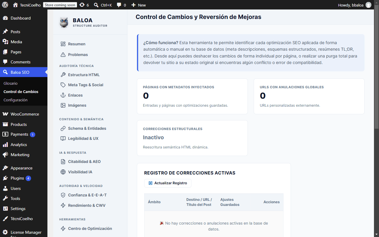 Panel de Control de Cambios y Reversión de Mejoras