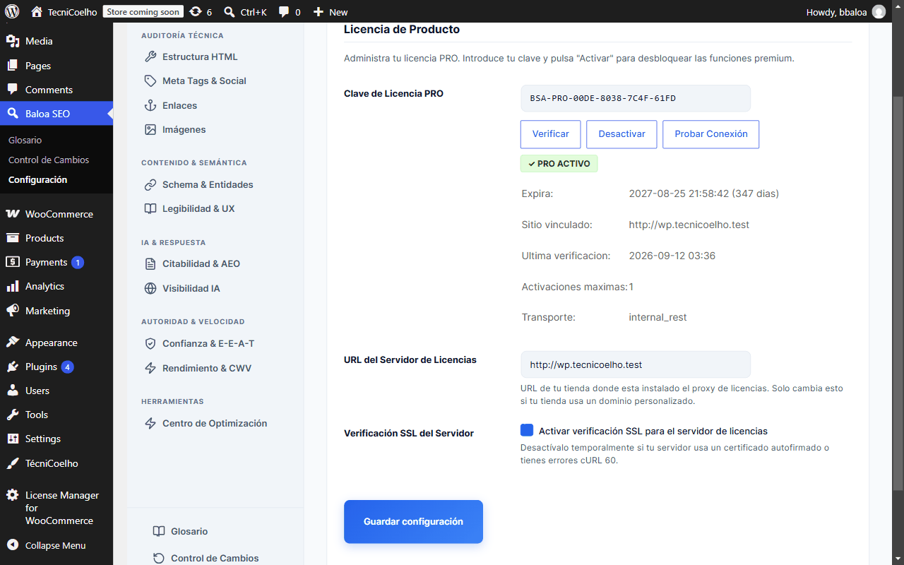 Página de Configuración de Licencia y opciones de API