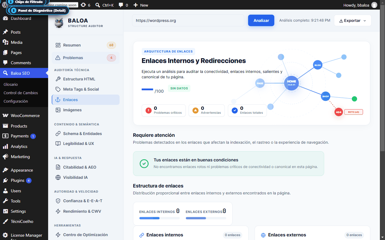 Pantalla completa del módulo de Enlaces